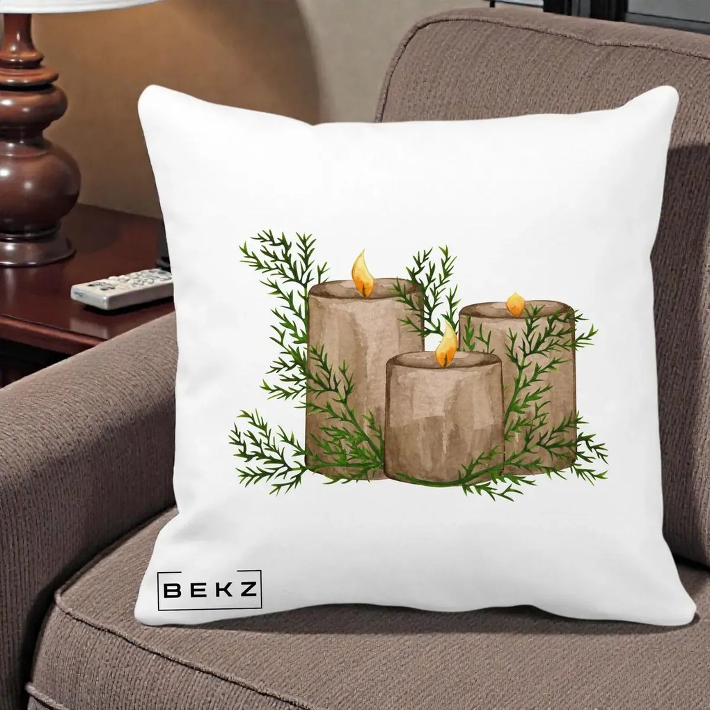 Perna Decorativa Lumanari Rustice cu Crengute Brad, 40x40 cm, Alba Mata, Husa Detasabila, Perna Inclusa, BEKZ®