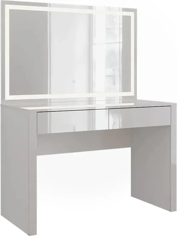 Masuta machiaj cu Oglinda LED si 2 Sertare pentru Cosmetice, Set Masa toaleta 110 cm, Alb Lucios, masuta cosmetica, vanity - SEA813