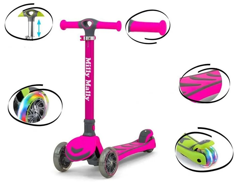 Trotinetă copii Milly Mally Scooter Boogie roz, 80,6 x 59 x 25 cm