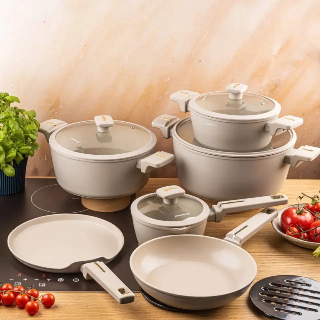 Set oale marmorate cu tigaie clatite 12 peise Klausberg KB-7967, crem