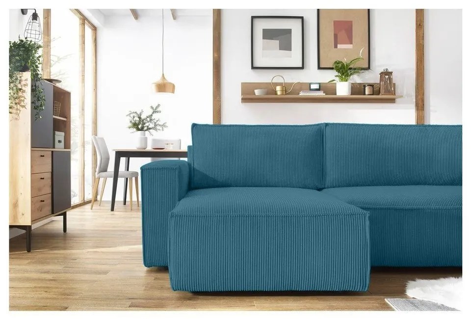 Colțar turcoaz extensibil cu tapițerie din catifea reiată Nihad – Bobochic Paris