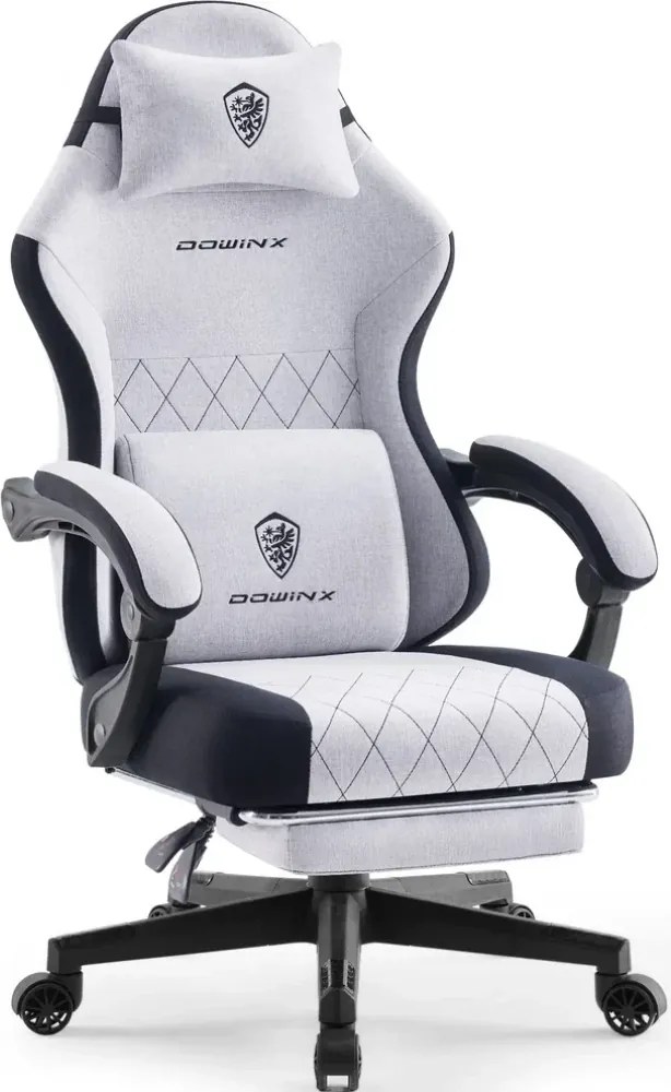 DOWINX 6650F - Scaun Gaming Ergonomic, Masaj in perna lombara, Șezut cu Arcuri Metalice și Spumă, Suport pentru picioare, Rabatabil 90°–135°, Rezistent 136 kg, Material textil, Gri