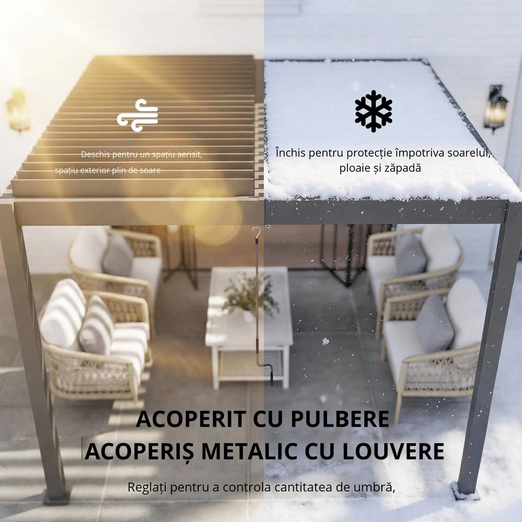 Outsunny Pergolă aprox. 3x3 m acoperiș terasă din aluminiu cu lamele reglabile, montare pe perete, gri închis | Aosom Romania