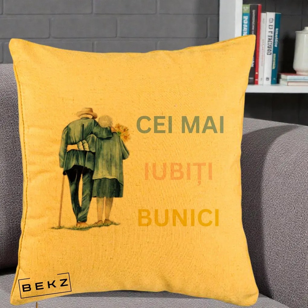Cadou pentru Bunici - Perna Personalizata Cei Mai Iubiti Bunici Acuarela Spate, 40x40 cm, Galben, Husa Detasabila, Perna Inclusa, BEKZ®