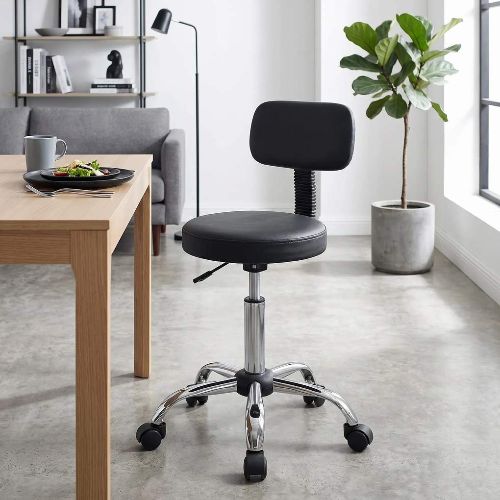 HOMCOM Taburet cu Roți, Rotativ 360°, Reglabil pe Înălțime, Piele Ecologică, Metal, 46x51x78-93 cm, Negru | Aosom Romania