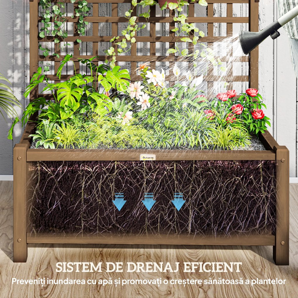 Outsunny Jardinieră Ridicată de Exterior cu Spalier și Bară Superioară, Ghiveci din Lemn de Brad cu Orificii de Drenaj pentru Flori și Legume, Ideală pentru Grădină și Balcon, Maro Închis | Aosom Romania