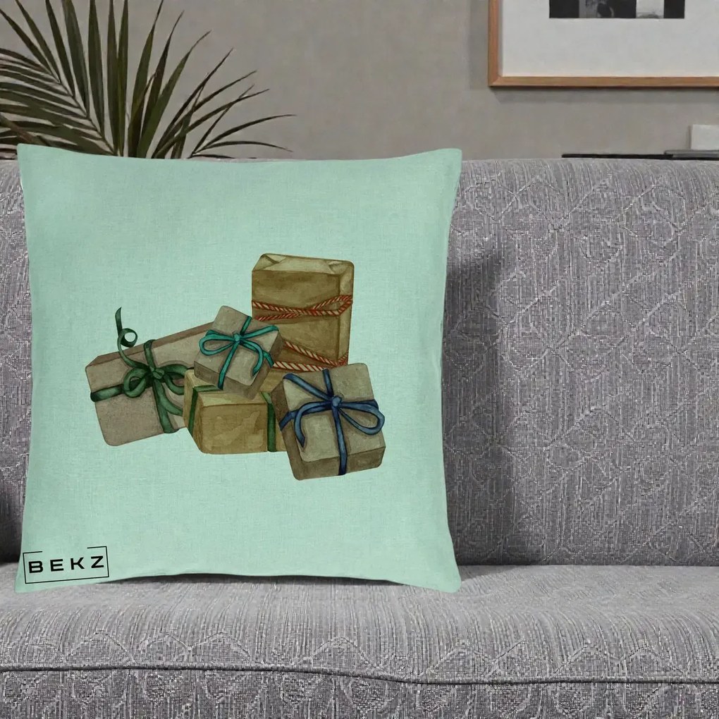 Perna Decorativa Cadouri de Craciun Kraft, 40x40 cm, Verde Menta, Husa Detasabila, Perna Inclusa, BEKZ®
