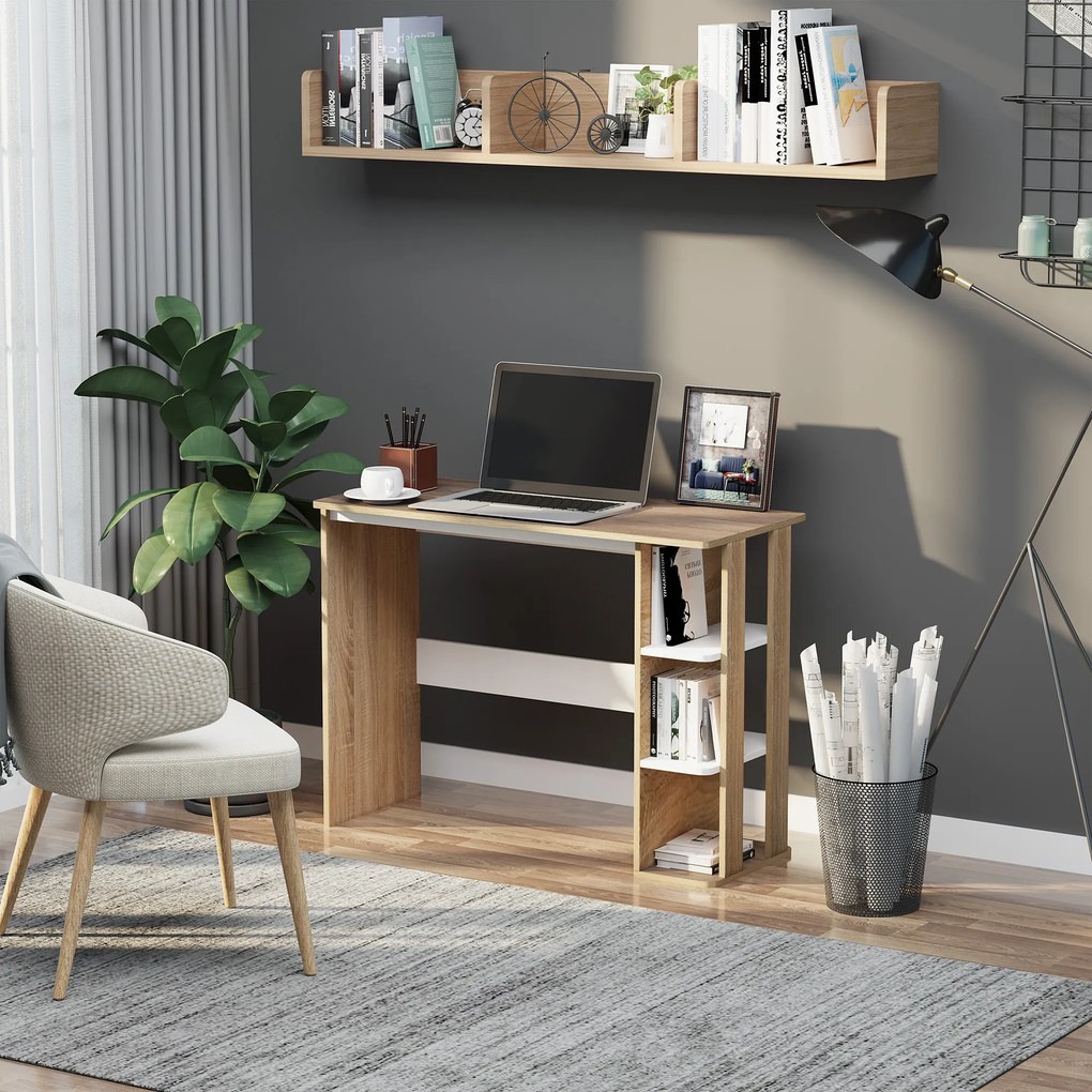 HOMCOM Birou Modern pentru Computer cu Raft cu 3 Etajere, Birou Modern din Lemn, 100x44x74 cm, Natural | Aosom Romania