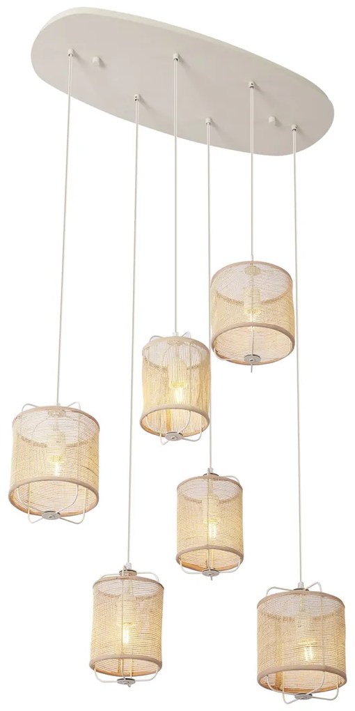 Lampă suspendată Japandi bej cu abajururi din material textil cu 6 lumini - Yente