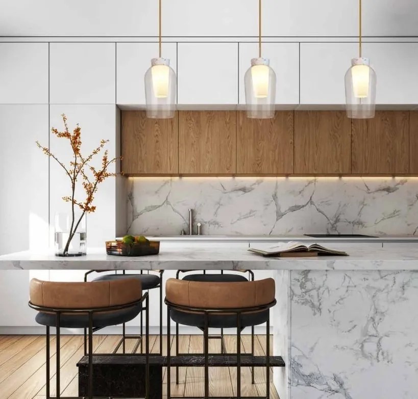 Lustra cu 3 pendule design modern Nora auriu/ marmura alba