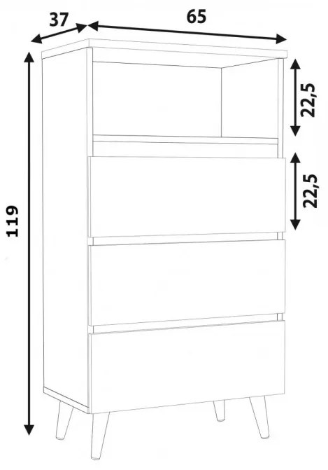 COA507 - Comoda 65 cm, cu 3 sertare si 1 raft pentru dormitor, living, dining: Alb-Maro, Colectia LIAM