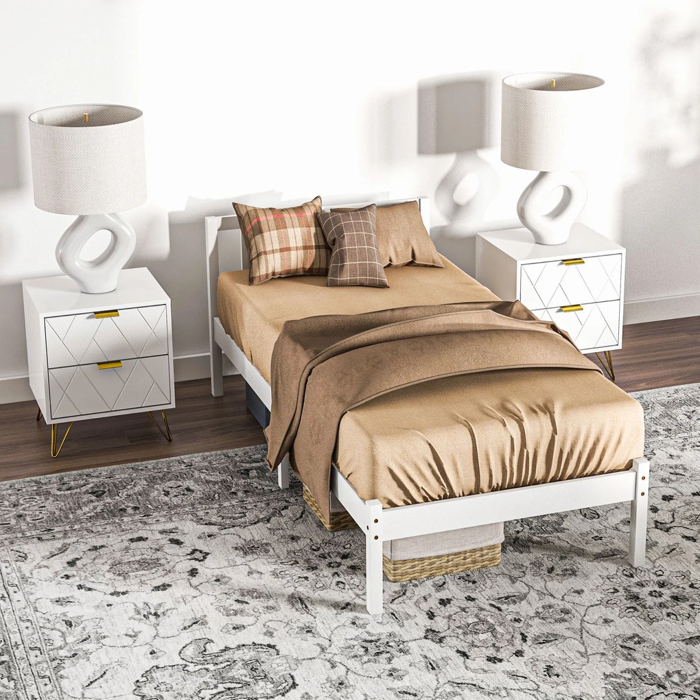 HOMCOM Cadru de pat din lemn masiv 90x190 cm pat single cu tăblie și somieră cu lamele solid pentru copii adulți | Aosom Romania