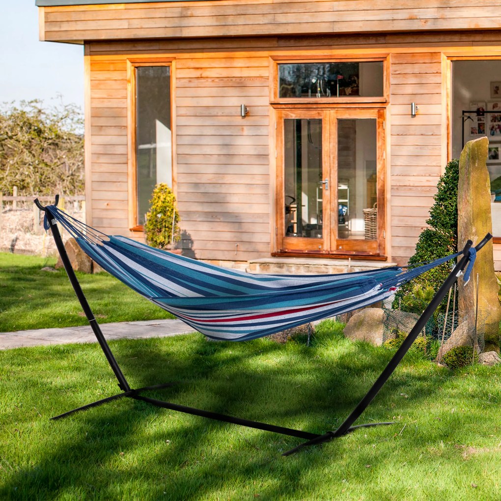 Outsunny Hamac cu Suport 310x117cm pentru Camping cu Înălțime Reglabilă și Geantă de Transport, Capacitate 120 kg, Dungi Albastre și Albe | Aosom Romania