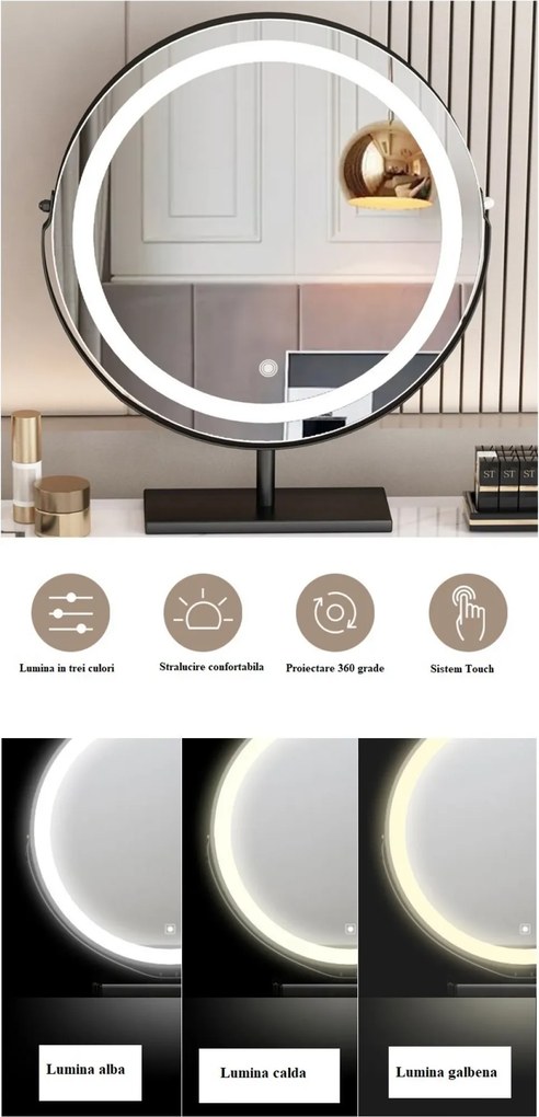 RESIGILAT- Set Margot, Masă de toaletă pentru machiaj cu oglindă iluminată LED, control touch, 6 sertare, comoda, scaun, Difuzor Bluetooth, zona încărcare fără fir, Gri, 80x40x75 cm