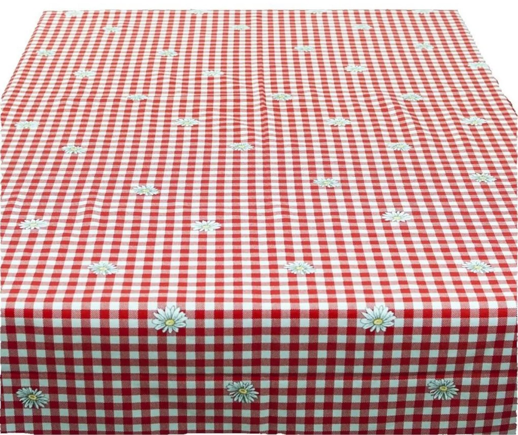 Fata de masa cu carouri alb si rosii si margarete CASA GINO , bumbac 100%, 150X160, masa 6 persoane, Rosu cu margarete