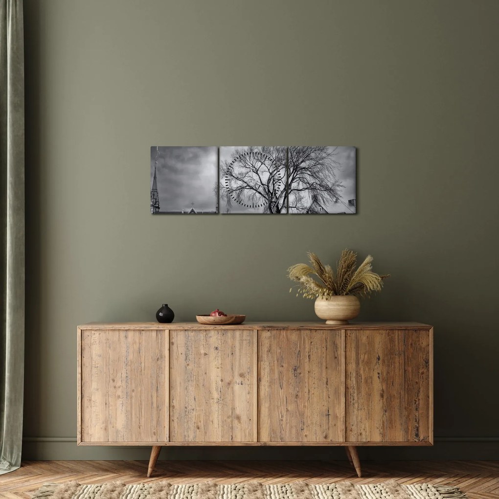 Tablou cu sat alb negru (cu ceas) (90x30 cm)