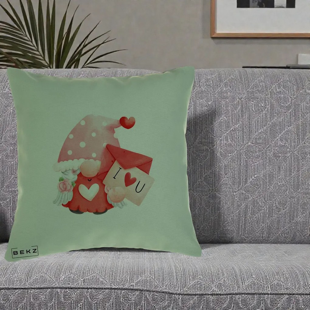 Cadou Romantic - Perna Personalizata I Love You Gnome Valentine cu Scrisoare, 40x40 cm, Verde, Husa Detasabila, Perna Inclusa, BEKZ®