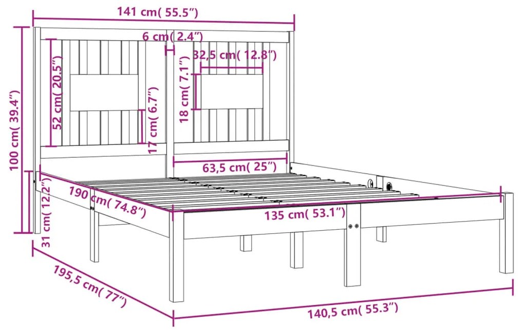 Cadru de pat dublu 4FT6, alb, 135x190 cm, lemn masiv Alb, 135 x 190 cm