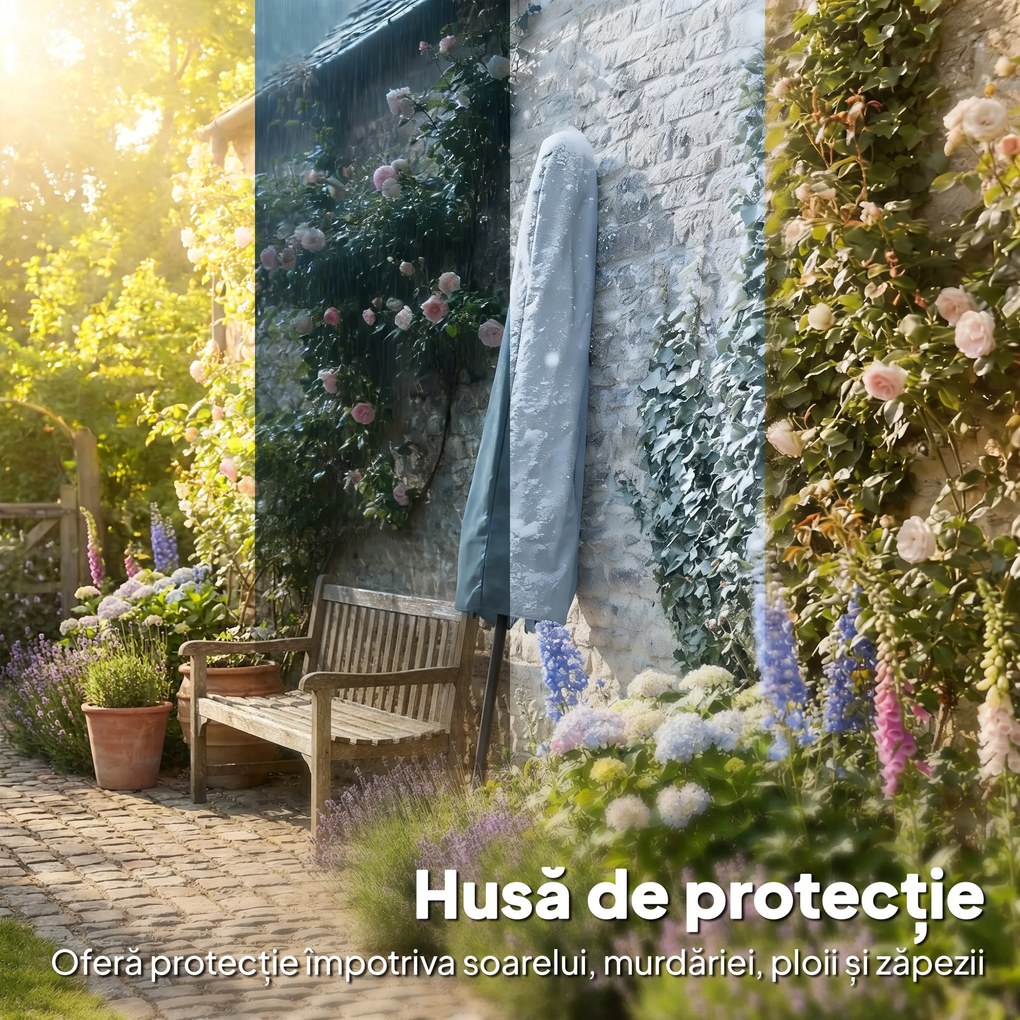 Outsunny Umbrelă de Grădină 3x3 m Înclinabilă cu Deschidere prin Manivelă, Umbrelă de Exterior cu Husă, Anti-UV 30+ din Metal și Poliester 180 g/㎡, Gri | Aosom Romania