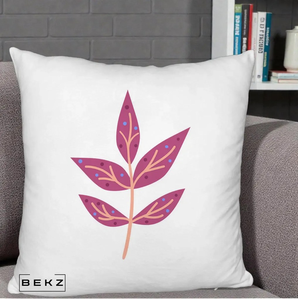Perna Decorativa Ramura Botanica Mov, 40x40 cm, Alb Pufos, Husa Detasabila, Perna Inclusa, BEKZ®