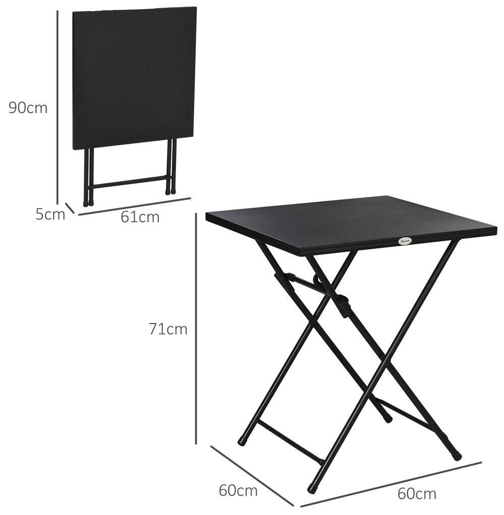 Outsunny Măsuță de Cafea Pliabilă Pătrată cu Picioare Antiderapante, Măsuță de Cafea Exterioară din Oțel, 60x60x71 cm, Negru