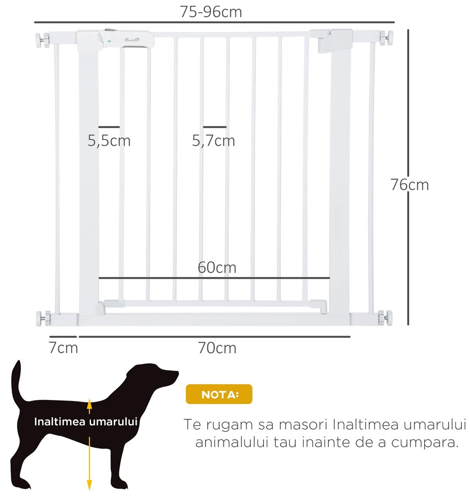 Poarta de siguranta pentru caini PawHut, 75-96cm, alb | Aosom Romania