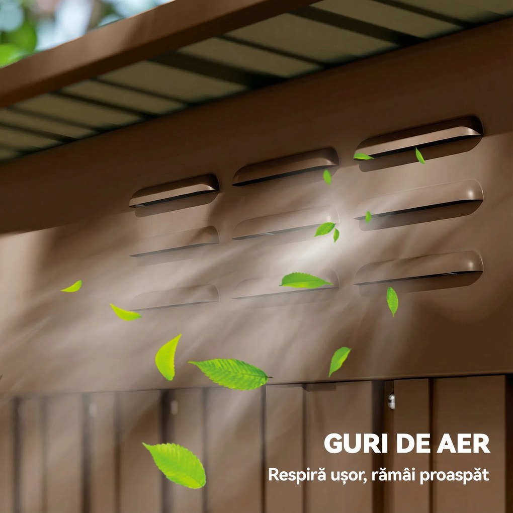 Outsunny Căsuță de Grădină 1.37m² din Metal, Montaj Ușor, Căsuță pentru Unelte de Grădină cu Orificii de Aerisire, Ușă Glisantă, Acoperiș Înclinat și Mănuși, 159x106x181 cm, Maro | Aosom Romania