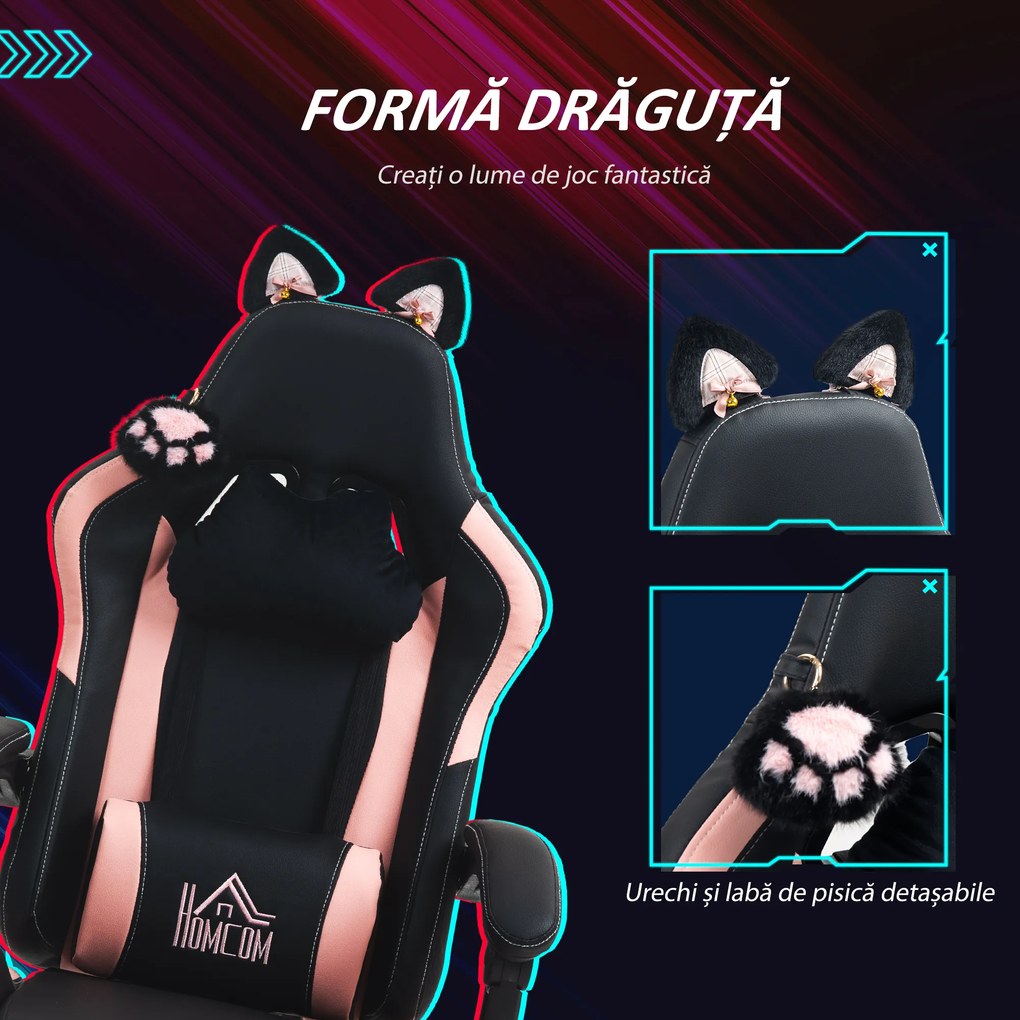 HOMCOM Scaun Gaming Ergonomic cu Urechi de Pisica, Roz | Aosom Romania