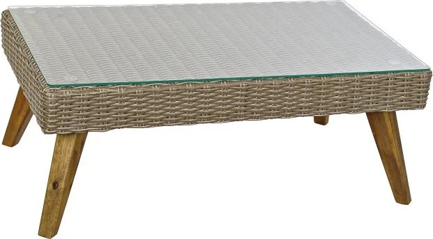 Set lounge exterior din rattan sintetic și structură din lemn și oțel cu canapea, 2 fotolii, masă și perne, finisaj bej-gri, „Zahara