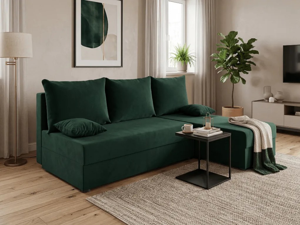 Set de canapea extensibila reversibila in forma de L VALERIO SLIM 200x140 cm, verde inchis + 2 perne GRATUIT