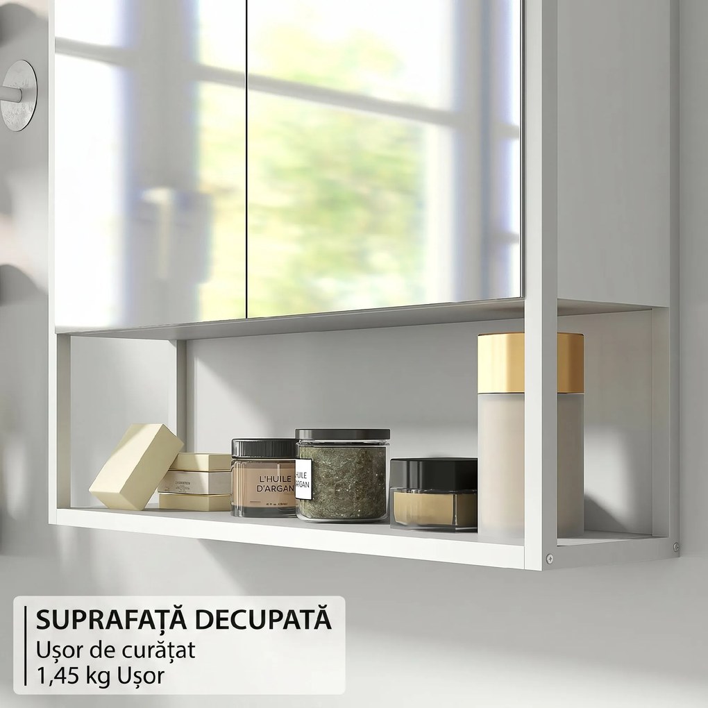 HOMCOM Dulap de Baie de Perete cu Oglindă, Dulap cu Raft Reglabil și Raft Deschis, 60x16x60 cm, Alb | Aosom Romania