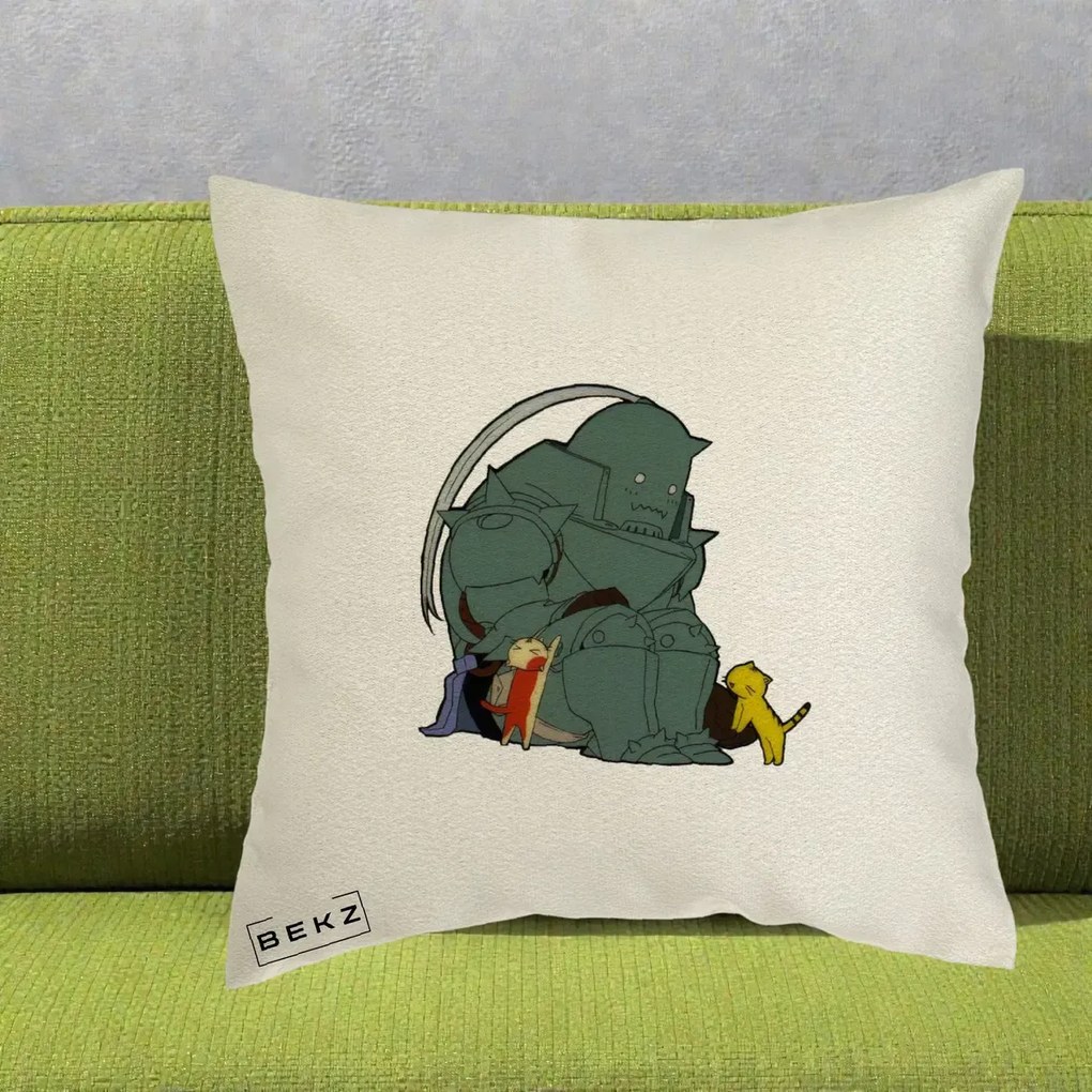 Perna Personalizata Fullmetal Alchemist Alphonse cu Pisici, 40x40 cm, Ecru, Husa Detasabila, Perna Inclusa, BEKZ®
