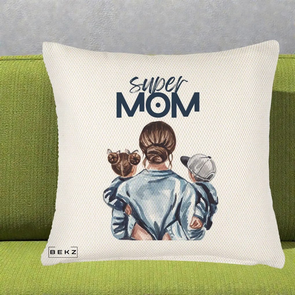 Cadou pentru Mama - Perna Personalizata Super Mom, 40x40 cm, Crem Reliefat, Husa Detasabila, Perna Inclusa, BEKZ®