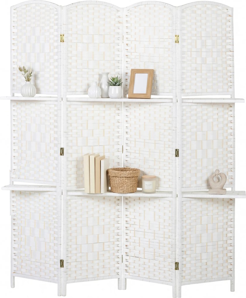 HOMCOM Paravan separator de cameră 4 panouri 160 x170 cm cu 2 rafturi, pliabil, din lemn | Aosom Romania