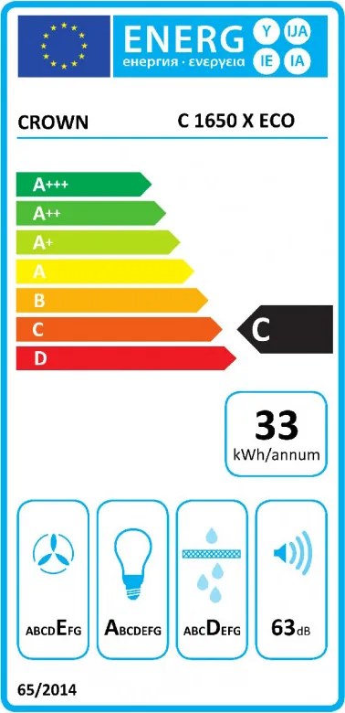 Hota decorativa Crown C 1650 X ECO, 60 cm, Clasa C, 300 m³/h, 3 viteze, Filtru din aluminiu, Inox