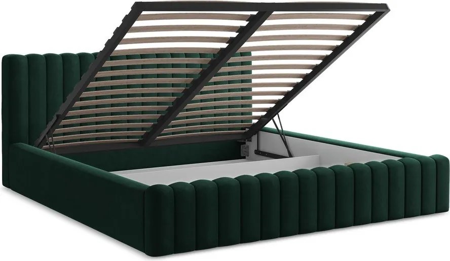 Pat matrimonial verde închis tapițat cu spațiu de depozitare cu somieră 160x200 cm Lemi – Makamii