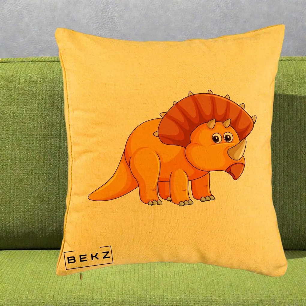Perna Decorativa Triceratops Portocaliu, 40x40 cm, Galben, Husa Detasabila, Perna Inclusa, BEKZ®
