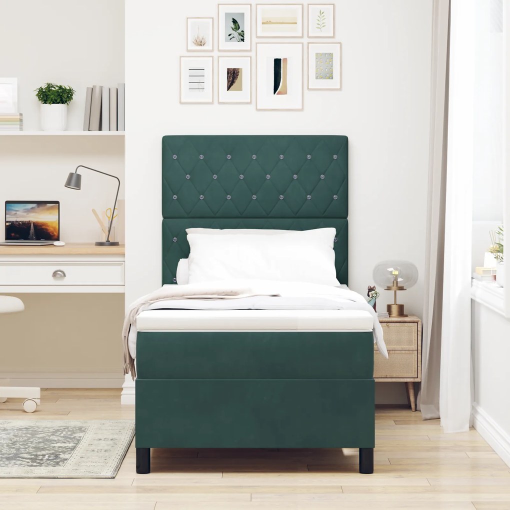 vidaXL Pat box spring cu saltea &amp; LED, verde închis 90x200 cm catifea