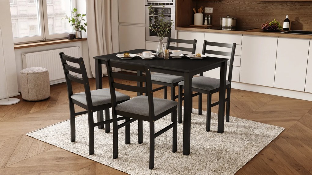 MAZZONI EXPORT Set TORINO masă + 4 scaune Negru/Gri deschis (material Sawana 21) - SET DE LEMN PENTRU BUCĂTĂRIE/SUFRAGERIE