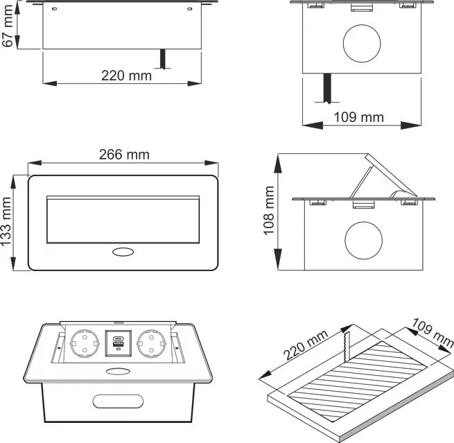 Priză încorporabilă în blat Kombibox Design Light, 2 prize Schuko, USB A + C, alb, 266 x 133 mm Alb/Negru, Metal/Plastic