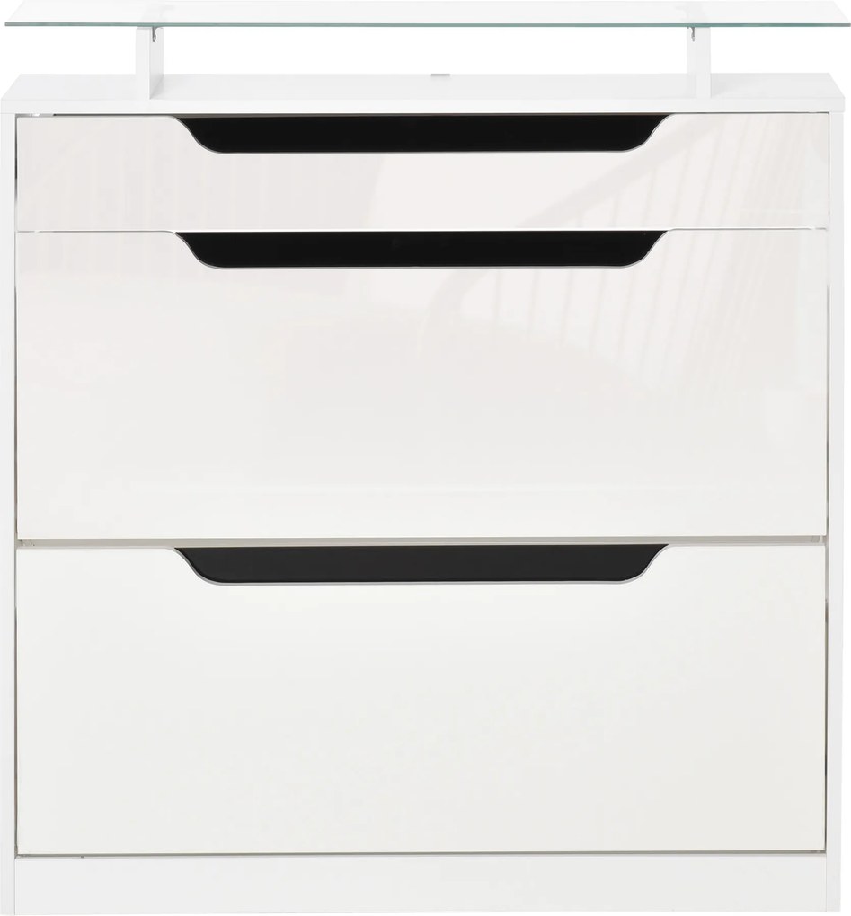 HOMCOM Suport pentru Pantofi cu 2 Sertare pentru 16 Perechi de Pantofi cu Etajeră Reglabilă și Raft din Sticlă, 89x23x96cm, Alb Lucios | Aosom Romania