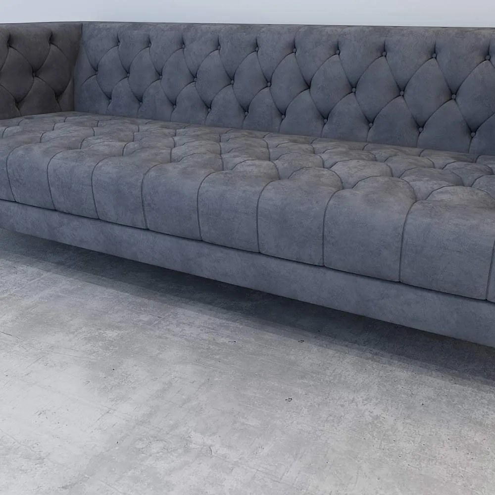 CANAPEA CATIFEA LUX CHESTERFIELD, 210X88X75 CM, CULOARE GRI, SEZUT SPUMA, CADRU LEMN, PICIOARE METAL ARGINTIU