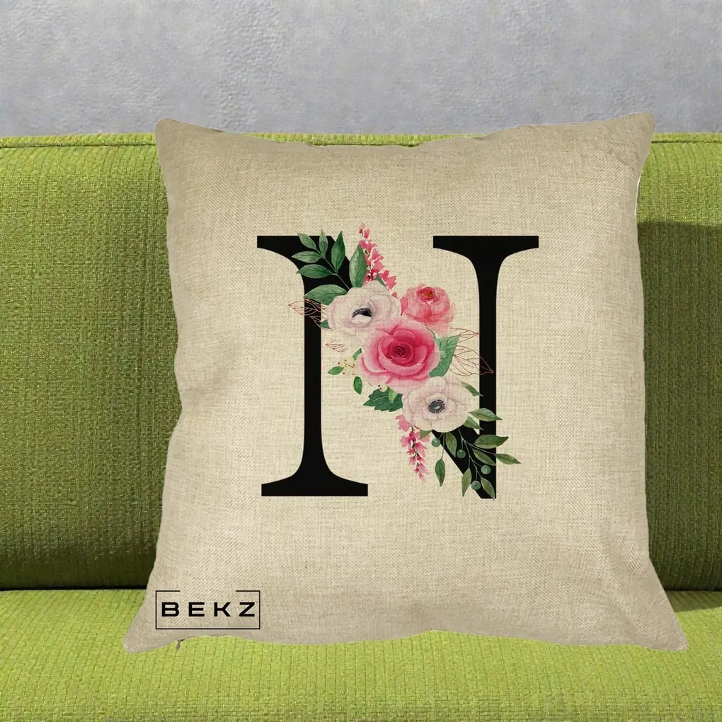 Cadou Personalizat - Perna Personalizata Monograma Florala Litera N, 40x40 cm, Crem, Husa Detasabila, Perna Inclusa, BEKZ®