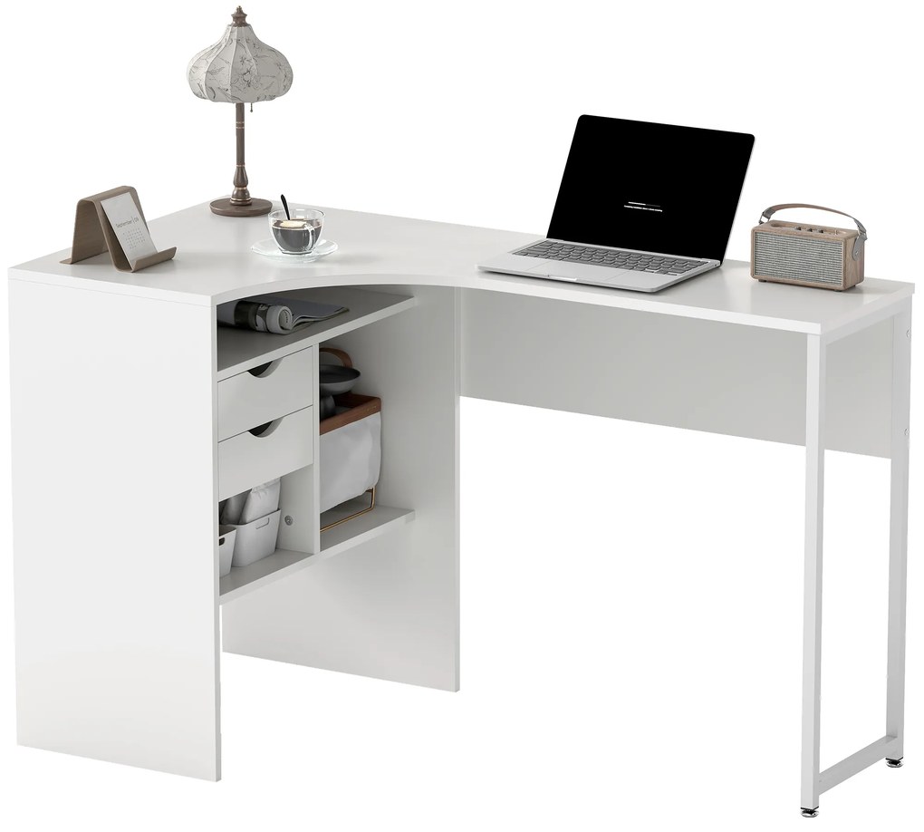 HOMCOM Birou de colț, birou pentru calculator cu 2 sertare și 3 compartimente deschise, 120 x 60 x 74 cm, alb | Aosom Romania