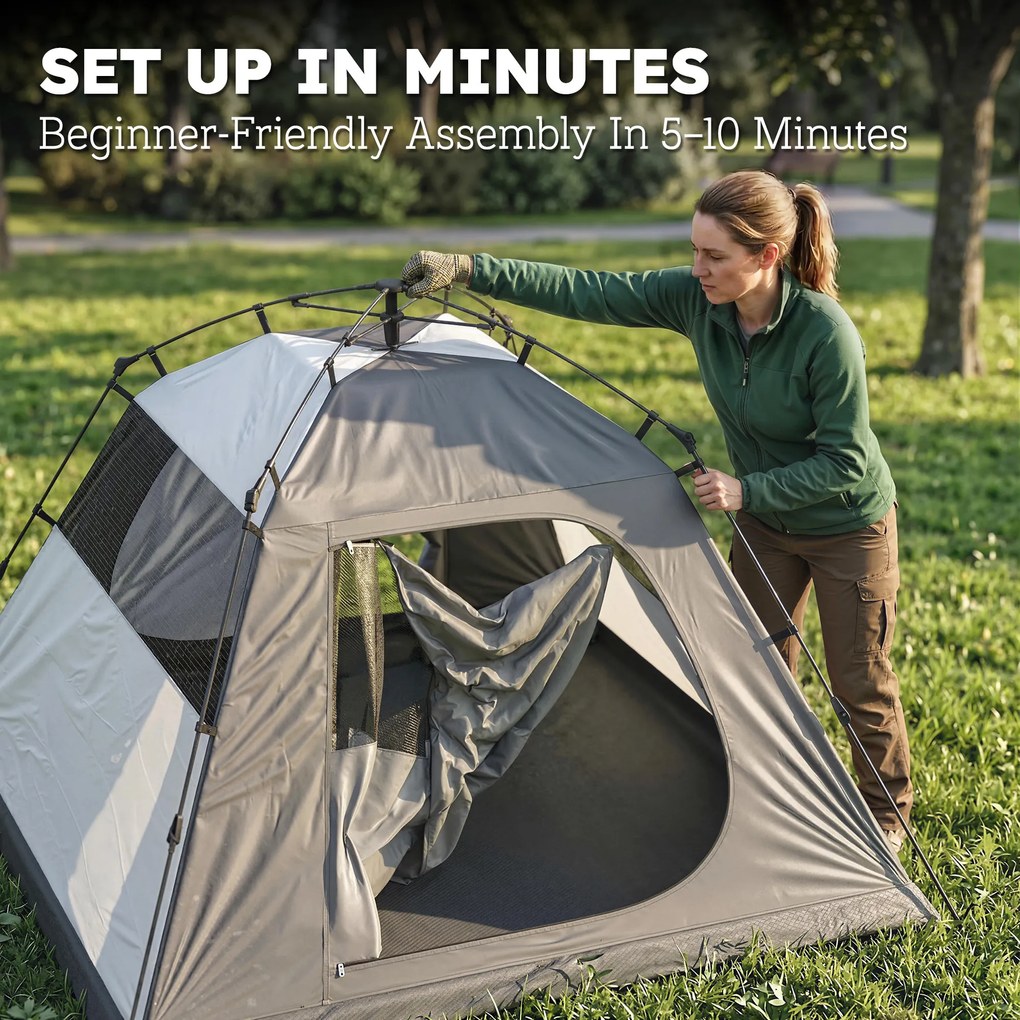 Outsunny Cort camping 2 persoane 3000 mm impermeabil & rezistent la vânt, cort cupolă cu 2 uși, 2 ferestre cu plasă, 2 ferestre laterale, husă de transport | Aosom Romania