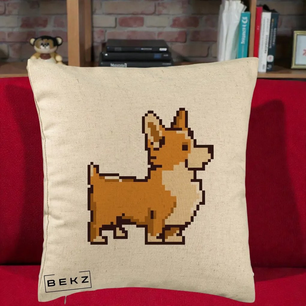 Perna Personalizata Corgi Pixel Art, 40x40 cm, Bej, Husa Detasabila, Perna Inclusa, BEKZ®