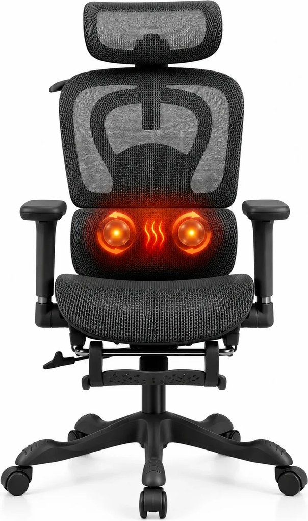 AERION-HM – Scaun ergonomic cu Masaj și Încălzire Lombară, Tetieră 3D, Cotiere 4D, Șezut Glisant, Spătar Reglabil și Suport Picioare, Full Mesh, Negru