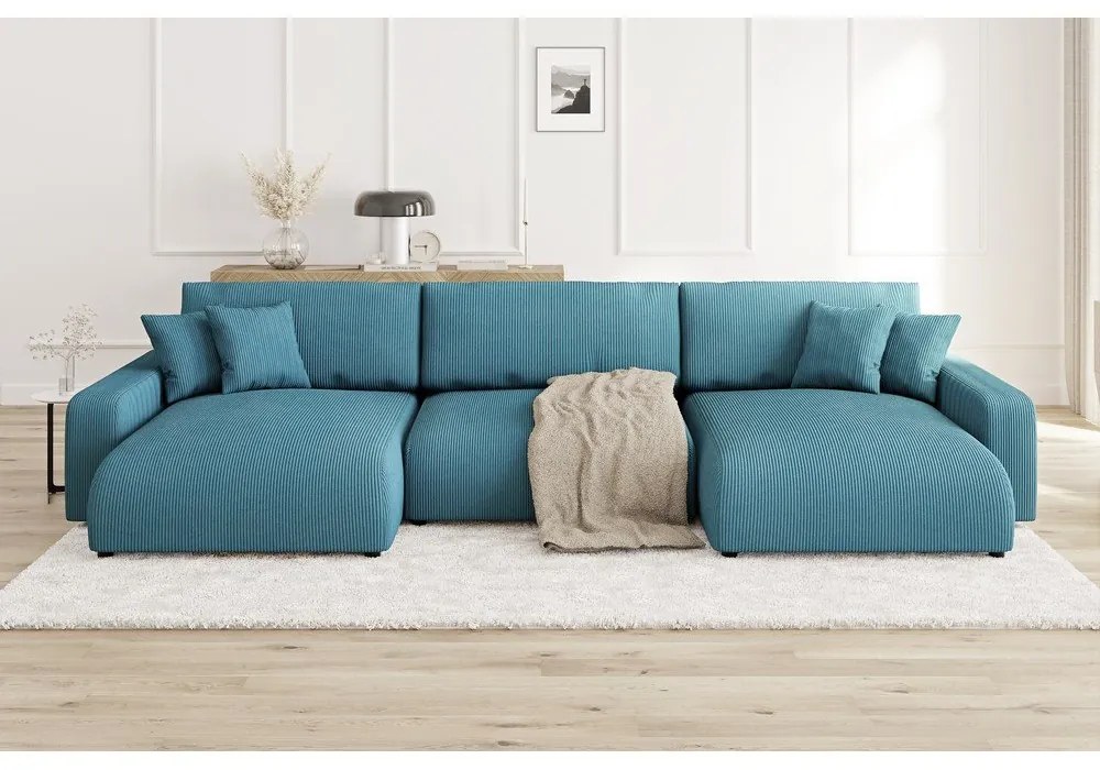 Colțar turcoaz extensibil, cu spațiu de depozitare, cu tapițerie din catifea reiată Sara – Ropez