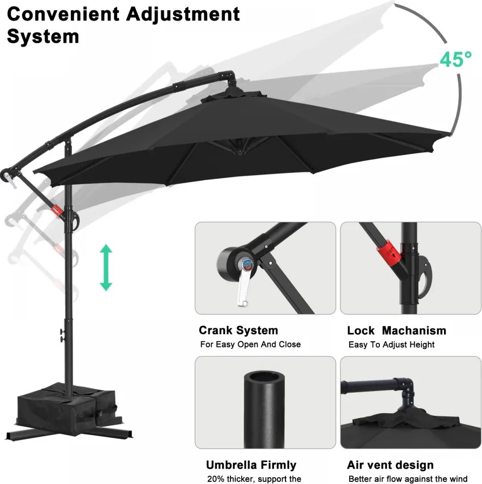 Umbrelă suspendată de grădină, cu braț lateral și manivelă, impermeabilă, protecție UV, bază în cruce inclusă + BONUS sac greutate (weights bag inclus), Negru