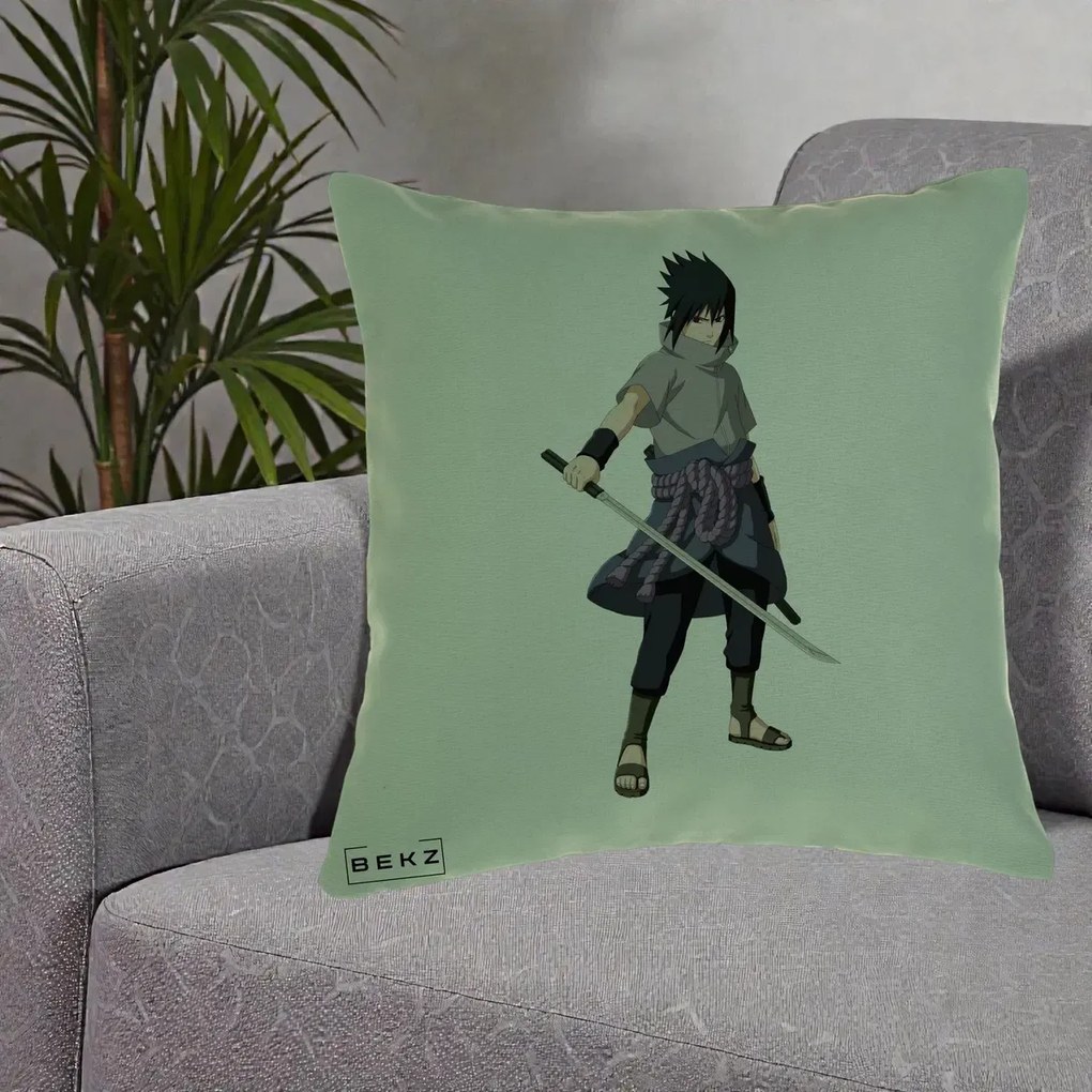 Perna Personalizata Naruto Sasuke Uchiha cu Sabia, 40x40 cm, Verde, Husa Detasabila, Perna Inclusa, BEKZ®